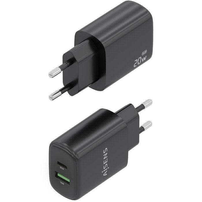 AISENS Cargador GaN 20W con USB-C PD3.0 y USB-A QC3.0, Negro AISENS Cargador GaN 20W con USB-C PD3.0 y USB-A QC3.0, Negro